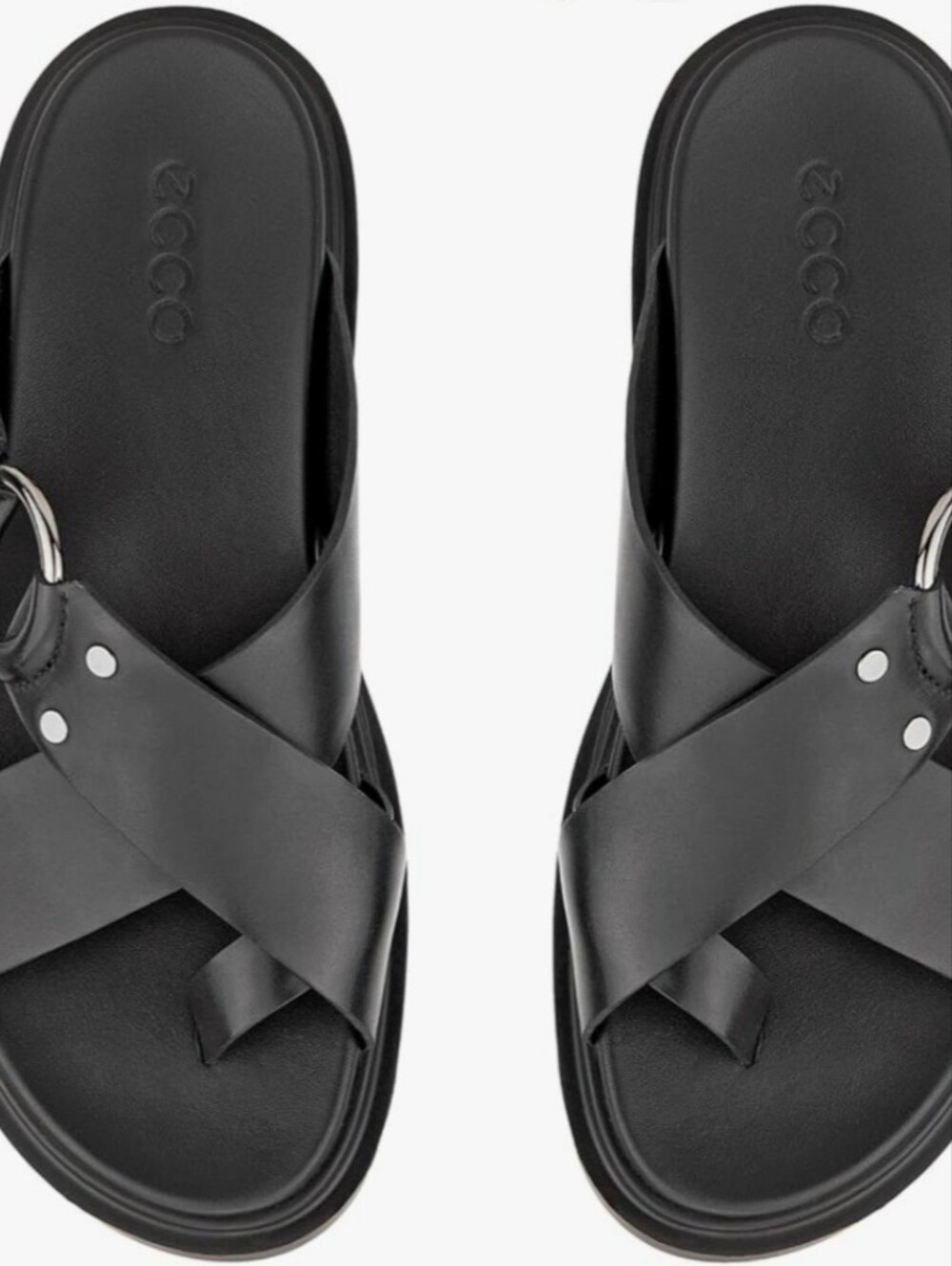 Ecco Black Leather Cross-Strap Slide Sandals with Silver Accent, Size US 10-10.5